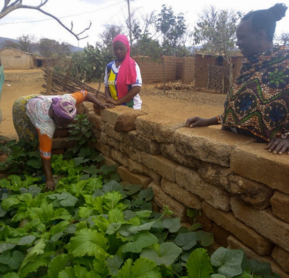 Nachbarn besuchen Mary Milambo in ihrem Gemüsegarten